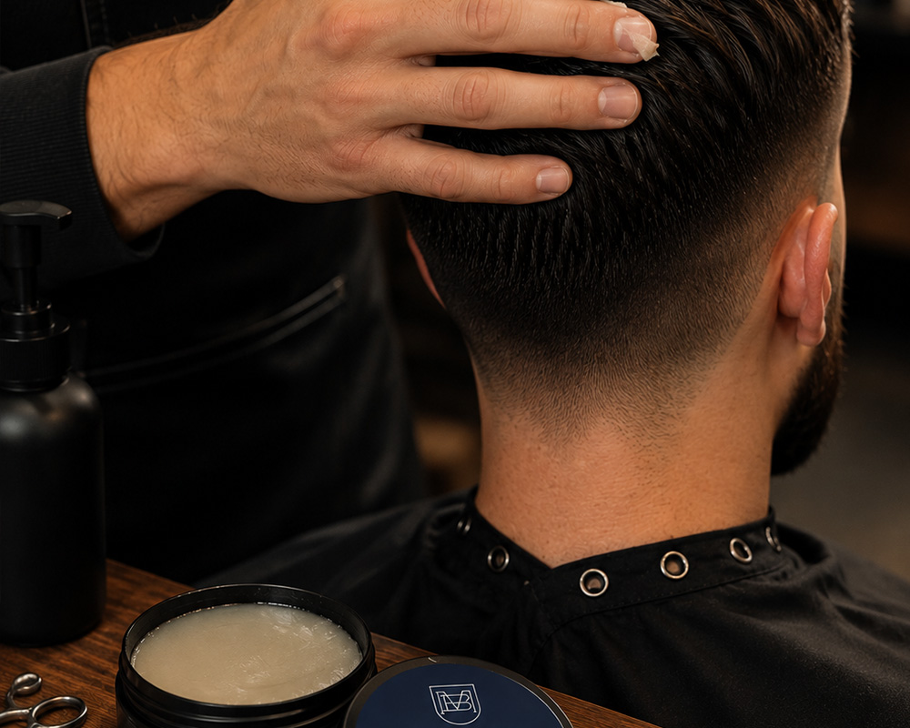 Barbeiro profissional aplicando a pasta modeladora Barba Macho no cabelo de um cliente