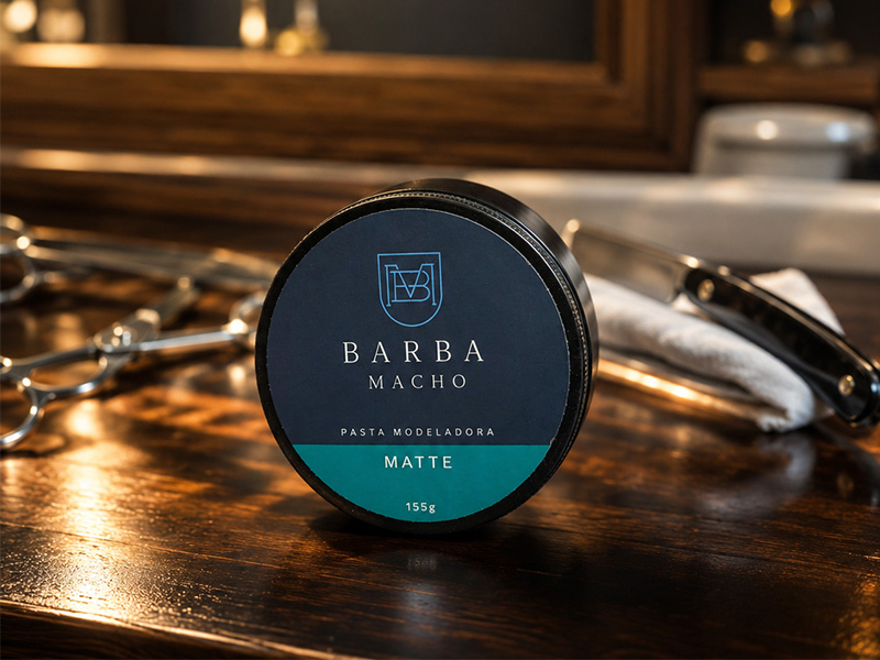 Pote de Barba Macho Pasta Modeladora Matte sobre bancada de barbearia, ao lado de navalha e tesoura